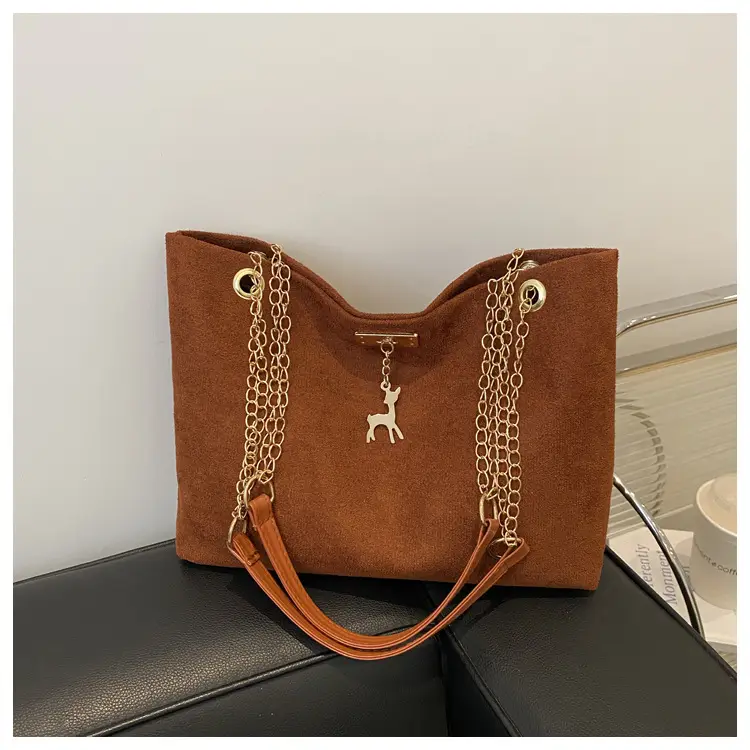 Vintage Textured Chain Shoulder Bag Women Brown 2024 Winter - Image 2