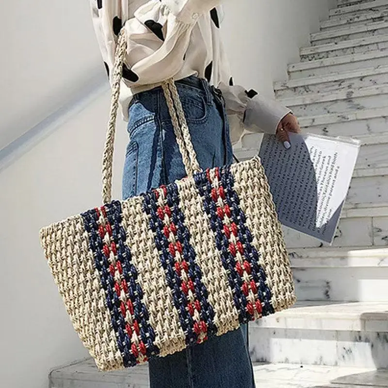 Handwoven Straw Bag with Red Blue Beads for Women - Image 5
