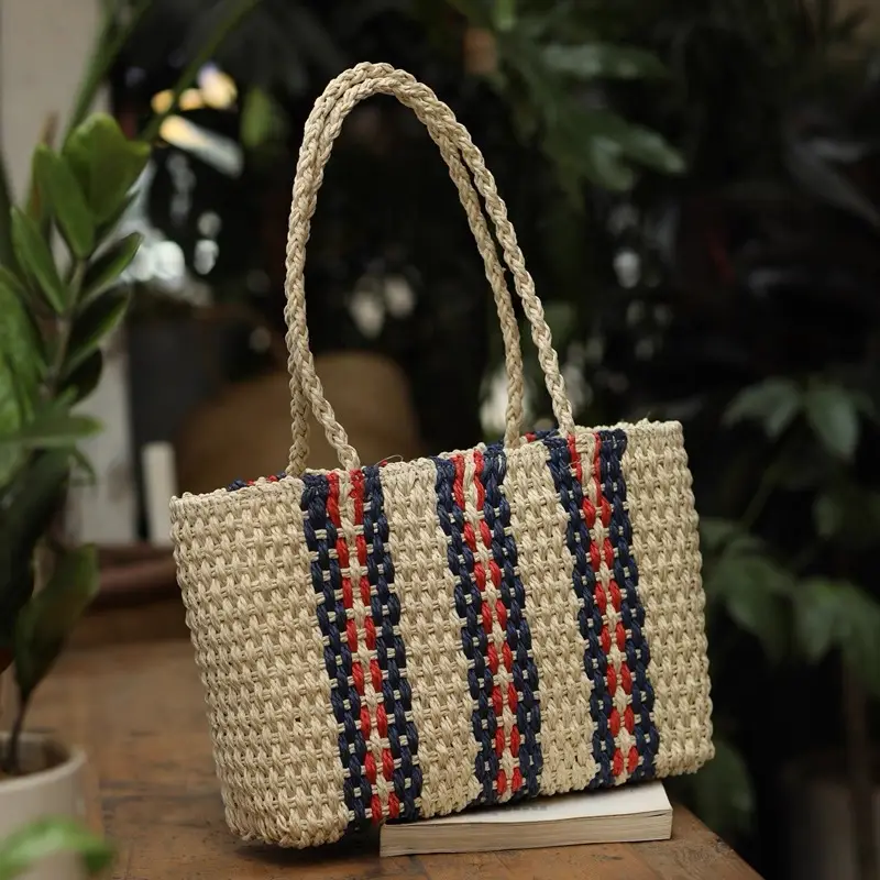 Handwoven Straw Bag with Red Blue Beads for Women - Image 6