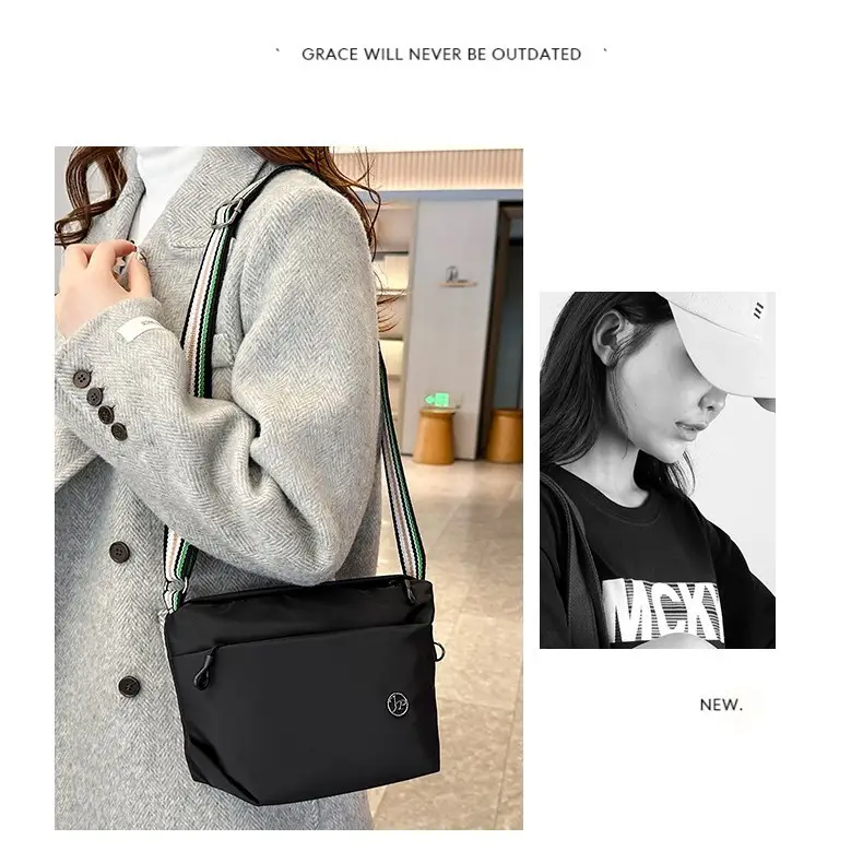 Women's Beige Nylon Shoulder Bag with Striped Strap - Image 7