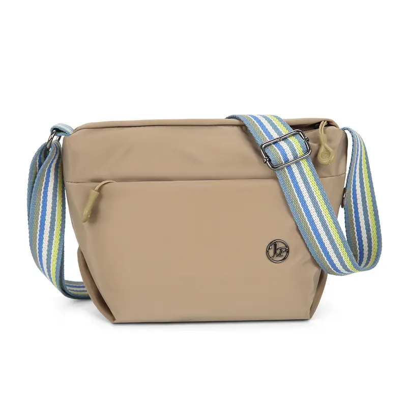 Women's Beige Nylon Shoulder Bag with Striped Strap - Image 10