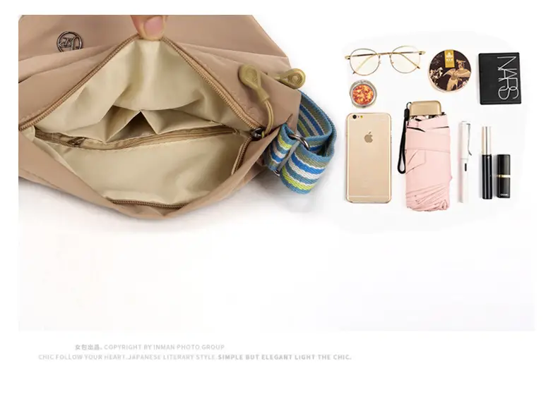 Women's Beige Nylon Shoulder Bag with Striped Strap — feature 10