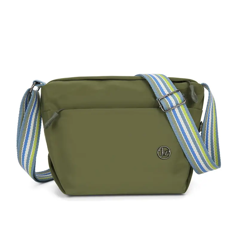 Women's Beige Nylon Shoulder Bag with Striped Strap - Image 3