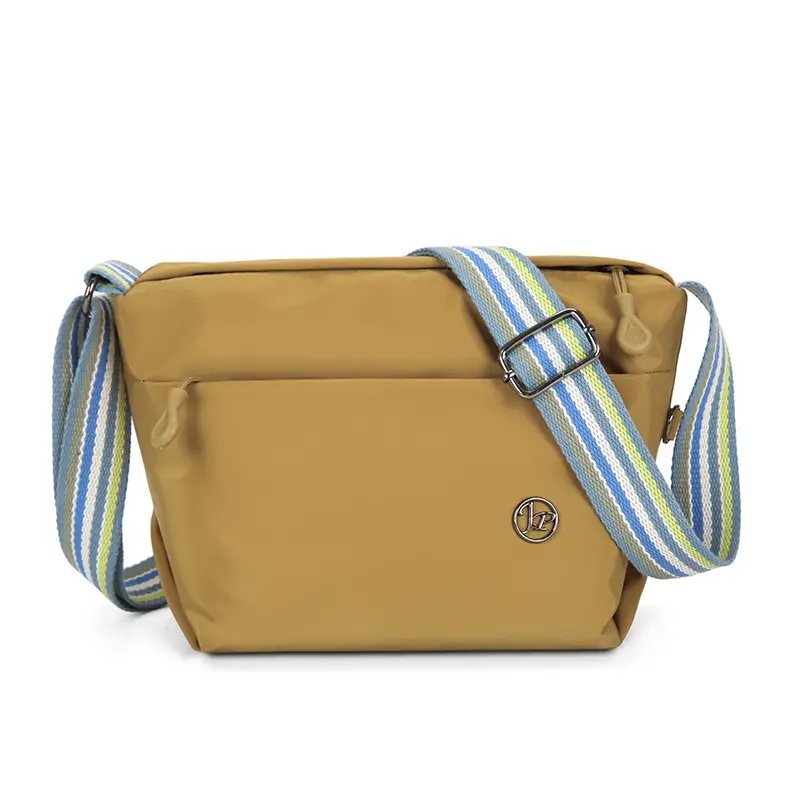 Women's Beige Nylon Shoulder Bag with Striped Strap - Image 4