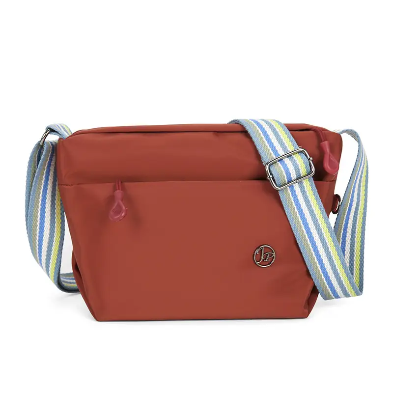 Women's Beige Nylon Shoulder Bag with Striped Strap - Image 5