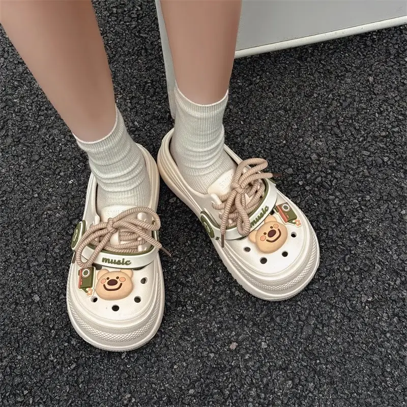 Hole Shoes Women's Summer Non-slip Height-increasing Thick Slippers for Outer Wear Beach Cute Bear Deodorant EVA Dung-feeling Sandals - Image 8