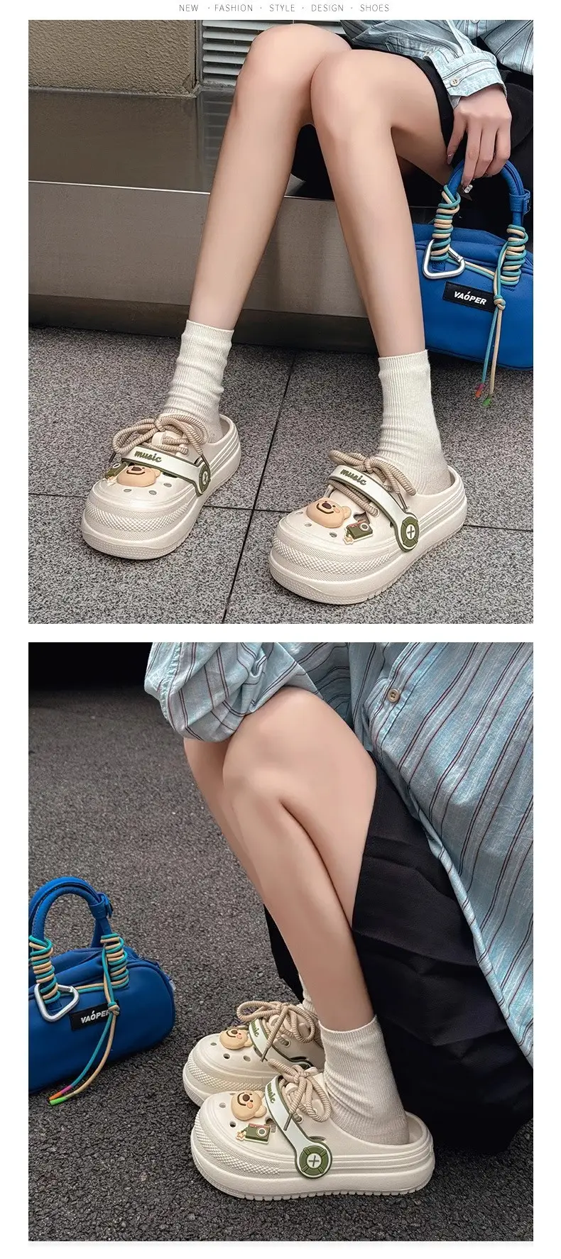 Hole Shoes Women's Summer Non-slip Height-increasing Thick Slippers for Outer Wear Beach Cute Bear Deodorant EVA Dung-feeling Sandals — feature 16