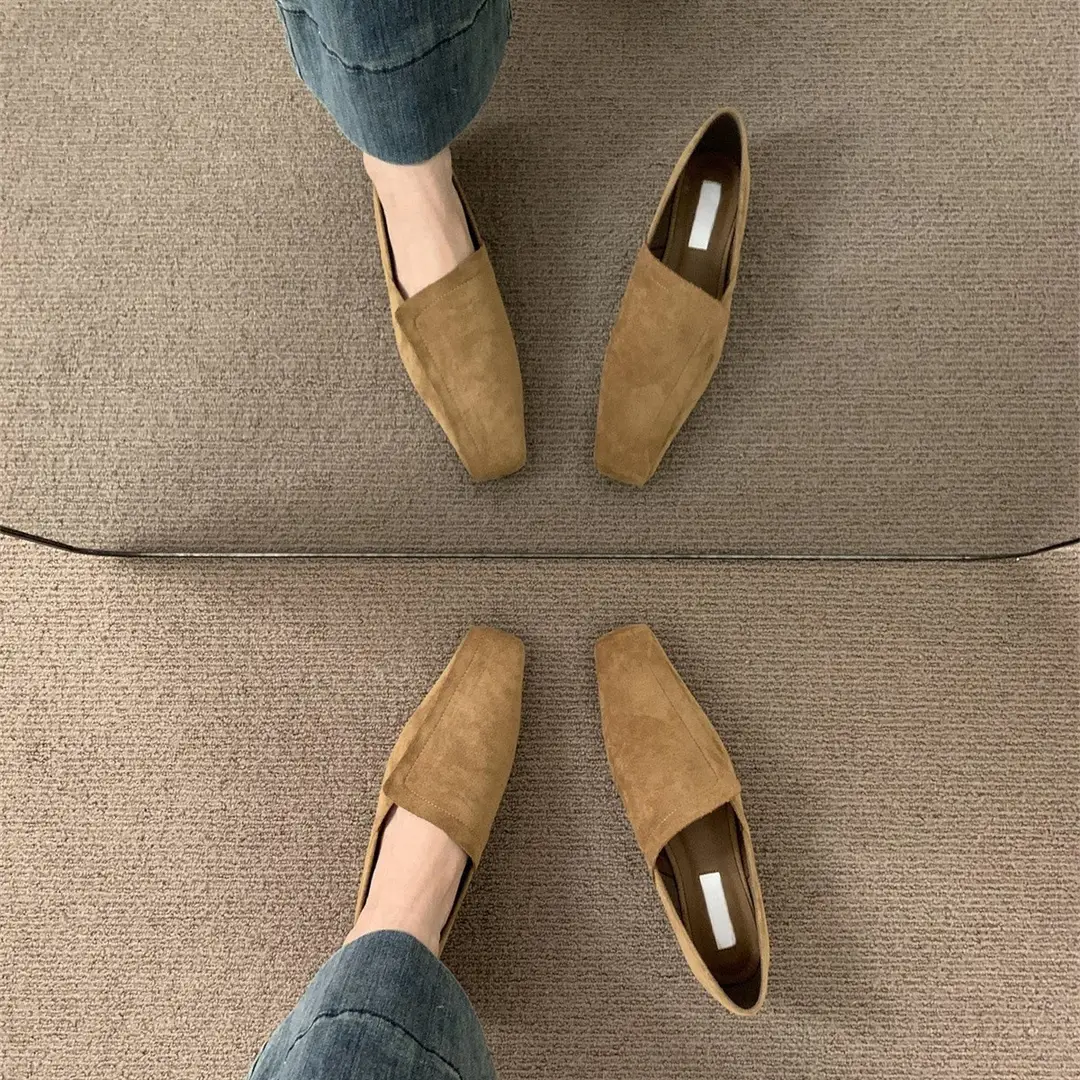 Vintage Suede Square Toe Deep Mouth Flat Shoes 2024 Spring and Autumn New Simple All-match Loafers Commuter Shoes