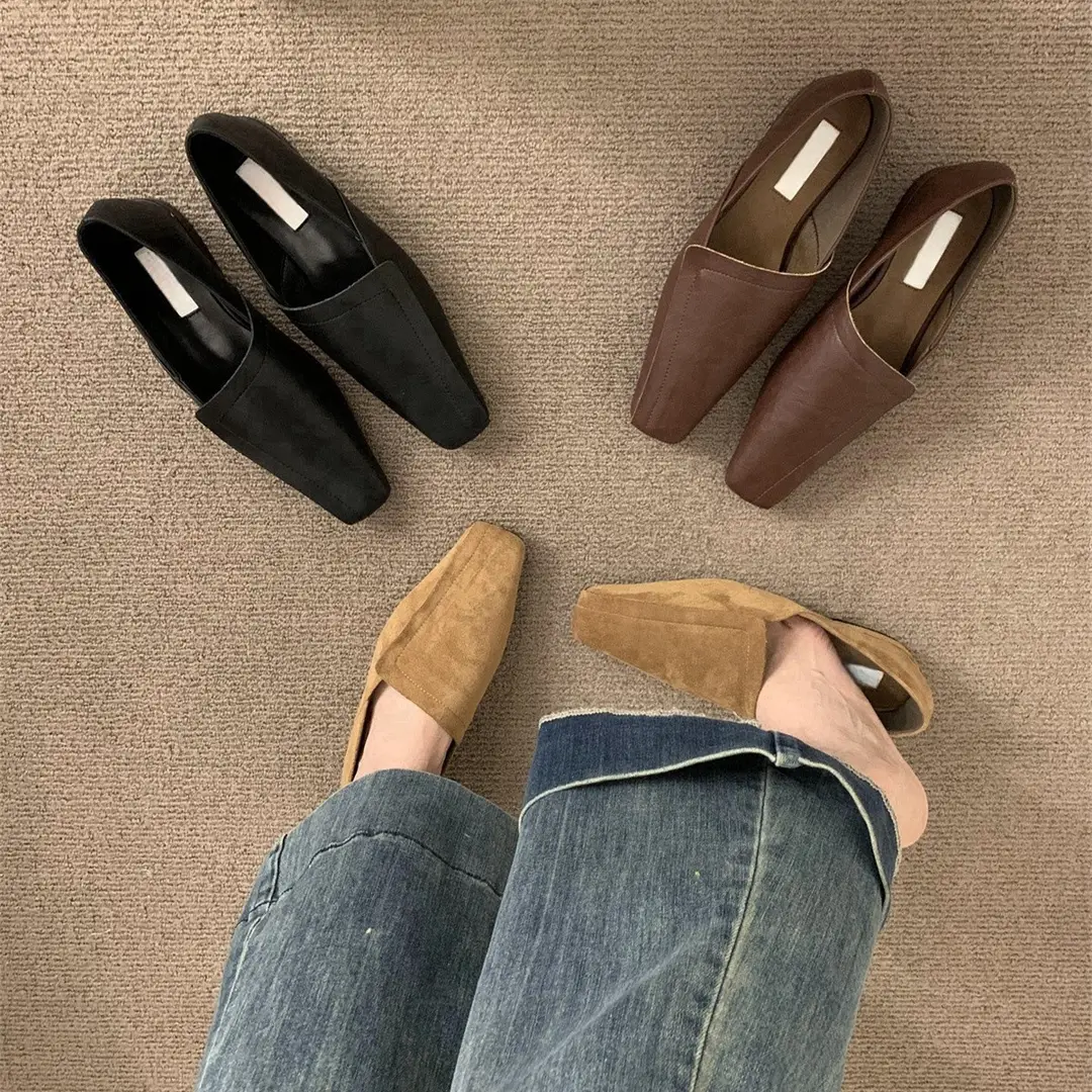 Vintage Suede Square Toe Deep Mouth Flat Shoes 2024 Spring and Autumn New Simple All-match Loafers Commuter Shoes