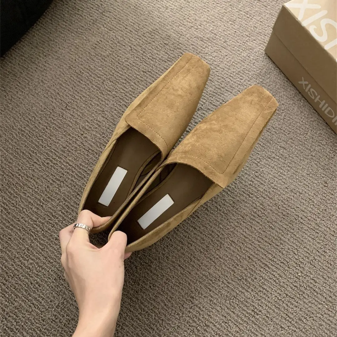 Vintage Suede Square Toe Deep Mouth Flat Shoes 2024 Spring and Autumn New Simple All-match Loafers Commuter Shoes