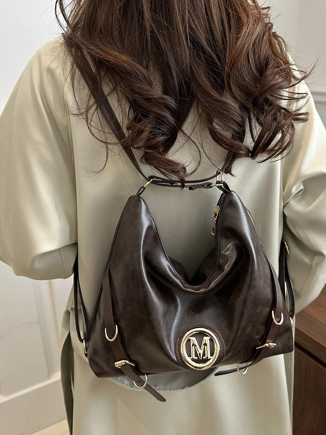 Women's Brown Leather Tote Bag with Logo - Image 6