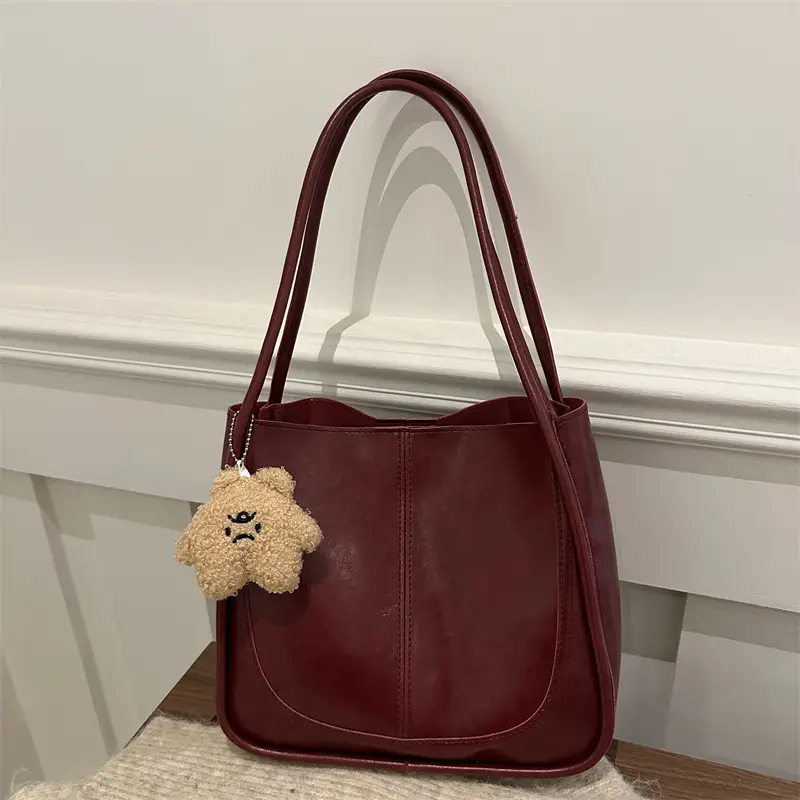 Brown Leather Shoulder Tote Bag with Teddy Bear Charm - Image 5