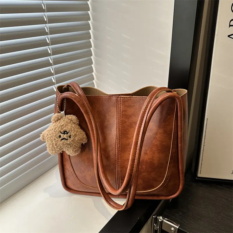 Brown Leather Shoulder Tote Bag with Teddy Bear Charm - Image 6