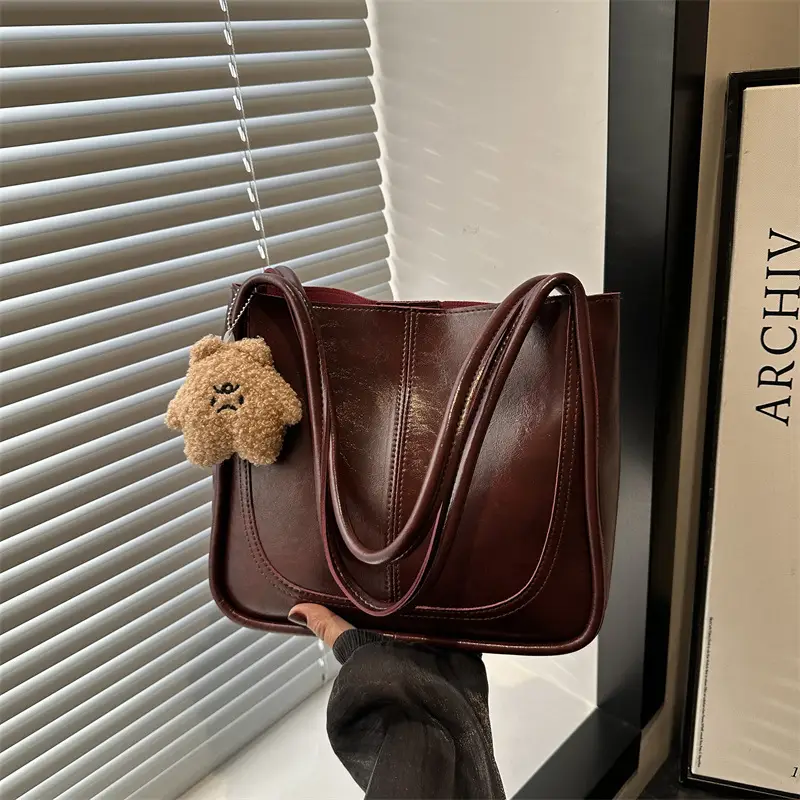 Brown Leather Shoulder Tote Bag with Teddy Bear Charm - Image 7
