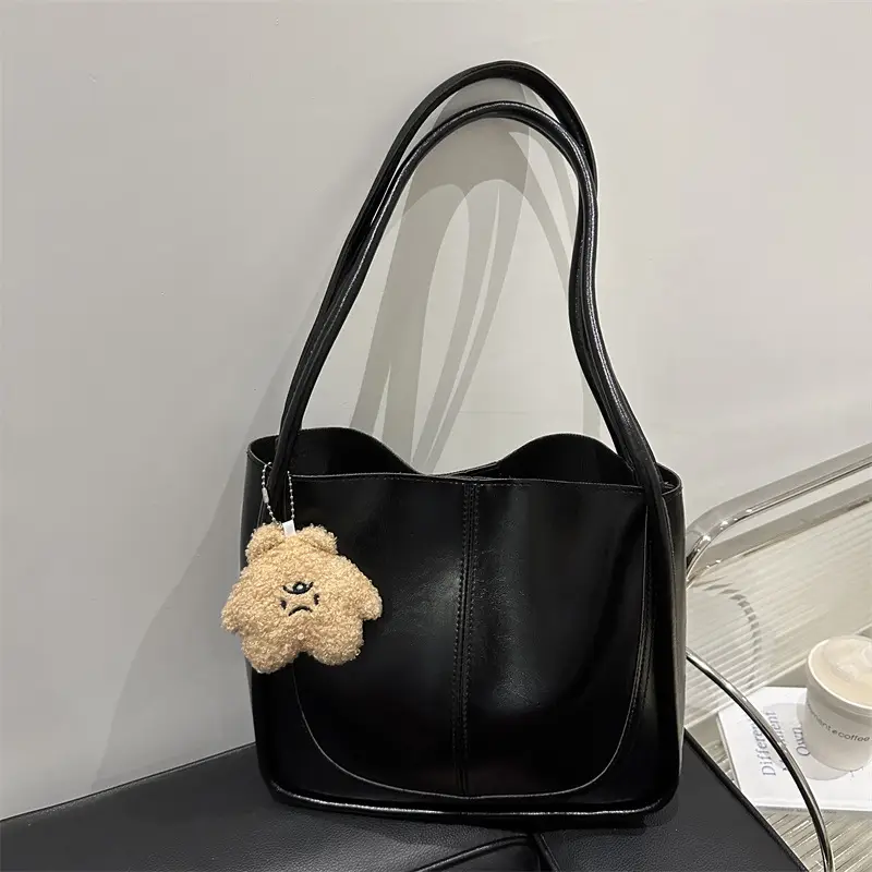 Brown Leather Shoulder Tote Bag with Teddy Bear Charm - Image 8