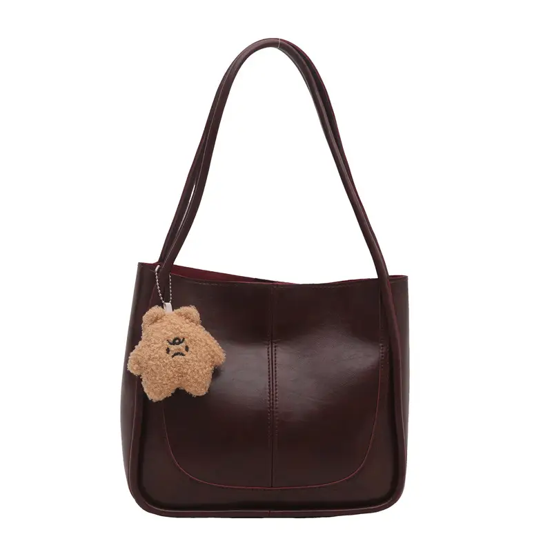 Brown Leather Shoulder Tote Bag with Teddy Bear Charm - Image 9