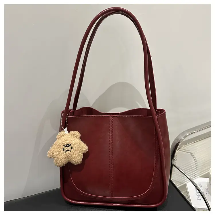 Brown Leather Shoulder Tote Bag with Teddy Bear Charm — feature 10