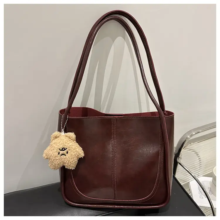 Brown Leather Shoulder Tote Bag with Teddy Bear Charm — feature 11