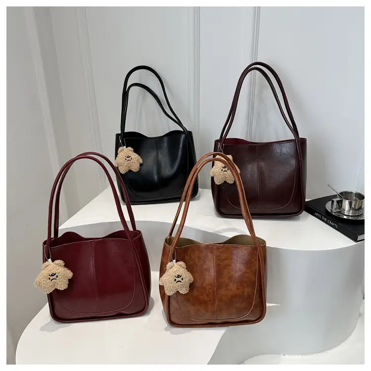 Brown Leather Shoulder Tote Bag with Teddy Bear Charm — feature 12