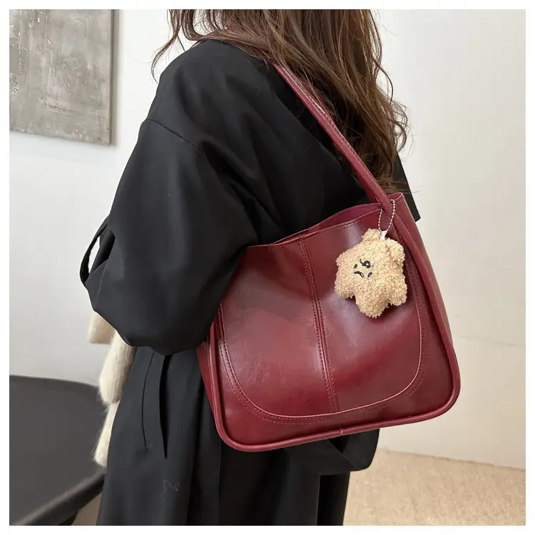 Brown Leather Shoulder Tote Bag with Teddy Bear Charm — feature 13