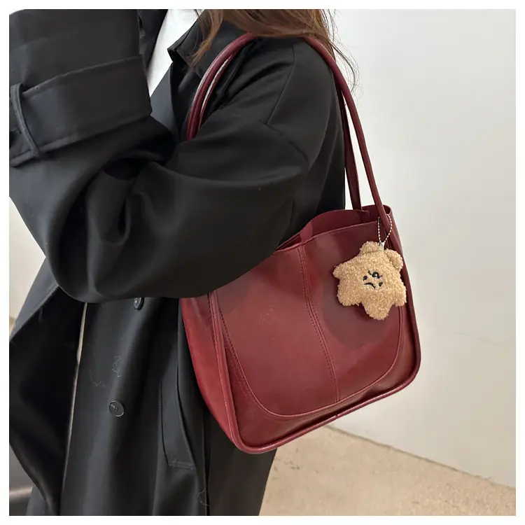 Brown Leather Shoulder Tote Bag with Teddy Bear Charm — feature 14