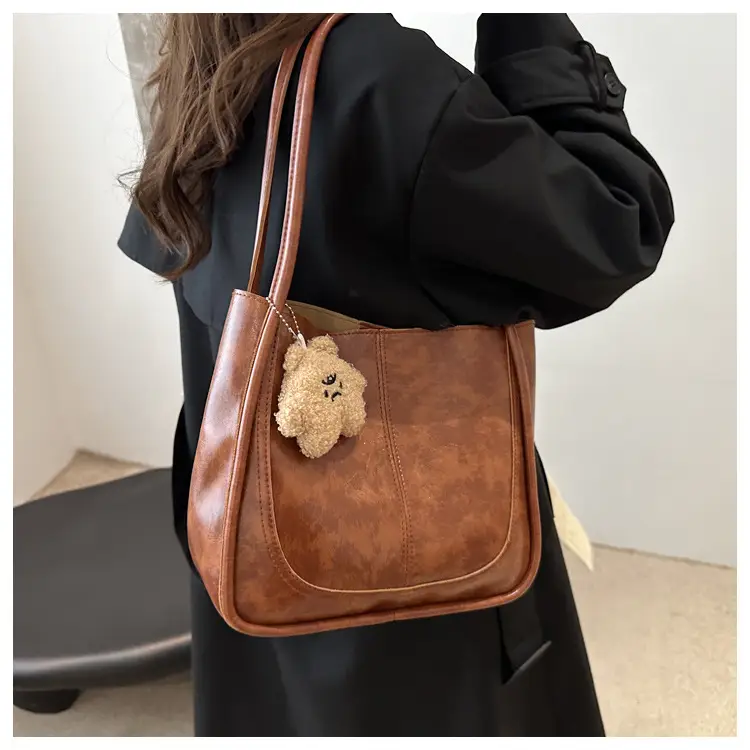 Brown Leather Shoulder Tote Bag with Teddy Bear Charm — feature 15