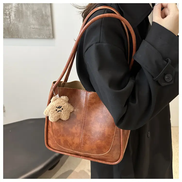 Brown Leather Shoulder Tote Bag with Teddy Bear Charm — feature 16