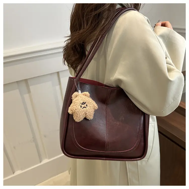 Brown Leather Shoulder Tote Bag with Teddy Bear Charm — feature 17