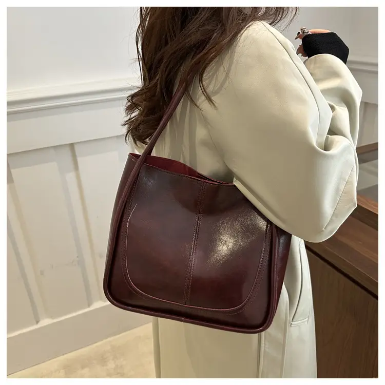 Brown Leather Shoulder Tote Bag with Teddy Bear Charm — feature 18