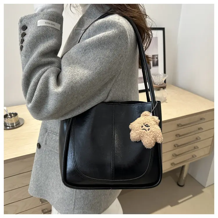 Brown Leather Shoulder Tote Bag with Teddy Bear Charm — feature 19