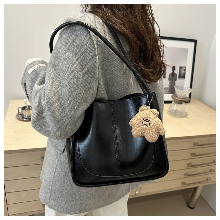 Brown Leather Shoulder Tote Bag with Teddy Bear Charm — feature 20