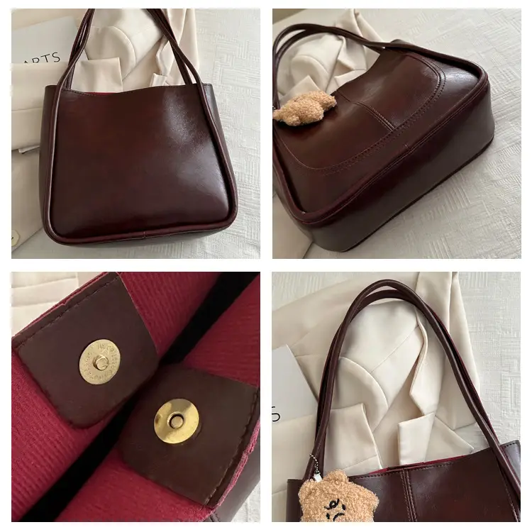 Brown Leather Shoulder Tote Bag with Teddy Bear Charm — feature 7