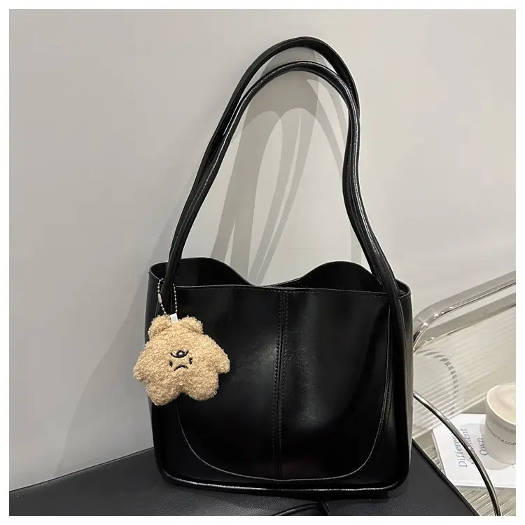 Brown Leather Shoulder Tote Bag with Teddy Bear Charm — feature 8