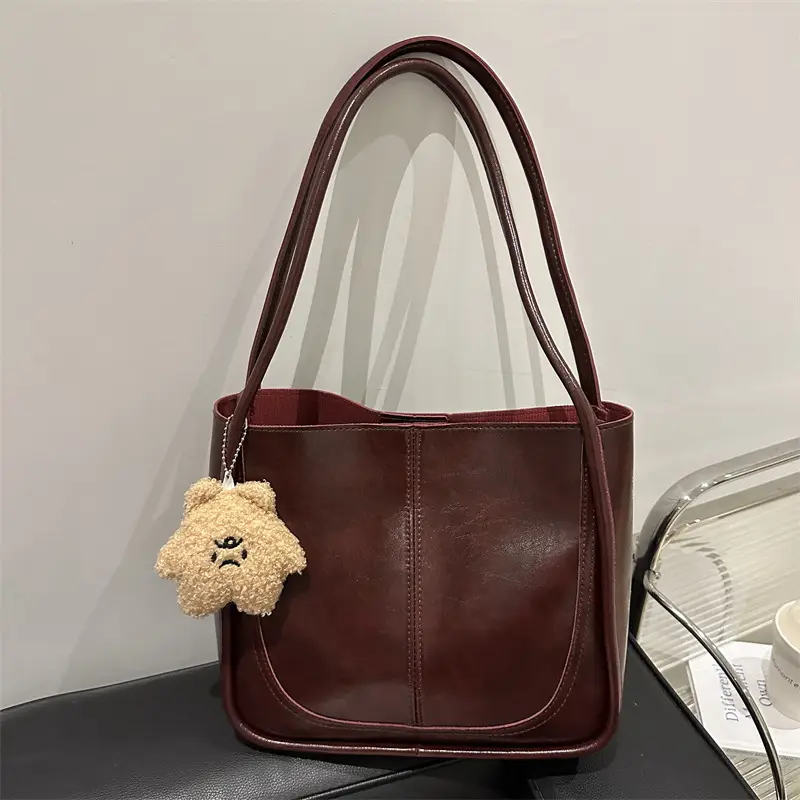 Brown Leather Shoulder Tote Bag with Teddy Bear Charm - Image 3