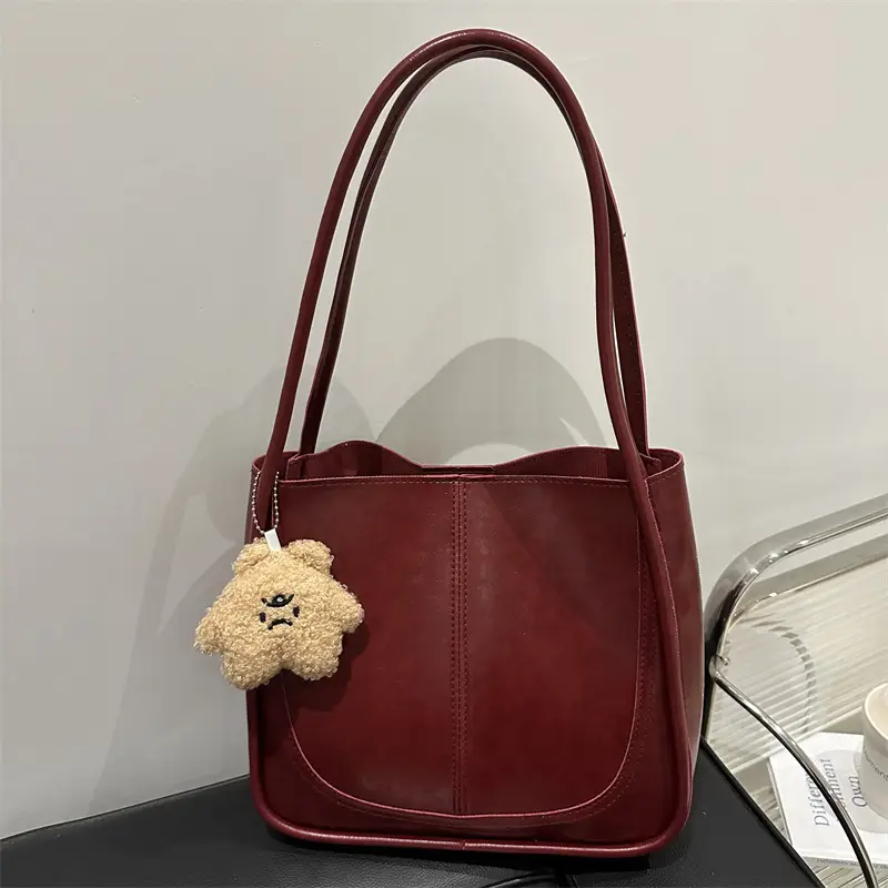 Brown Leather Shoulder Tote Bag with Teddy Bear Charm - Image 4