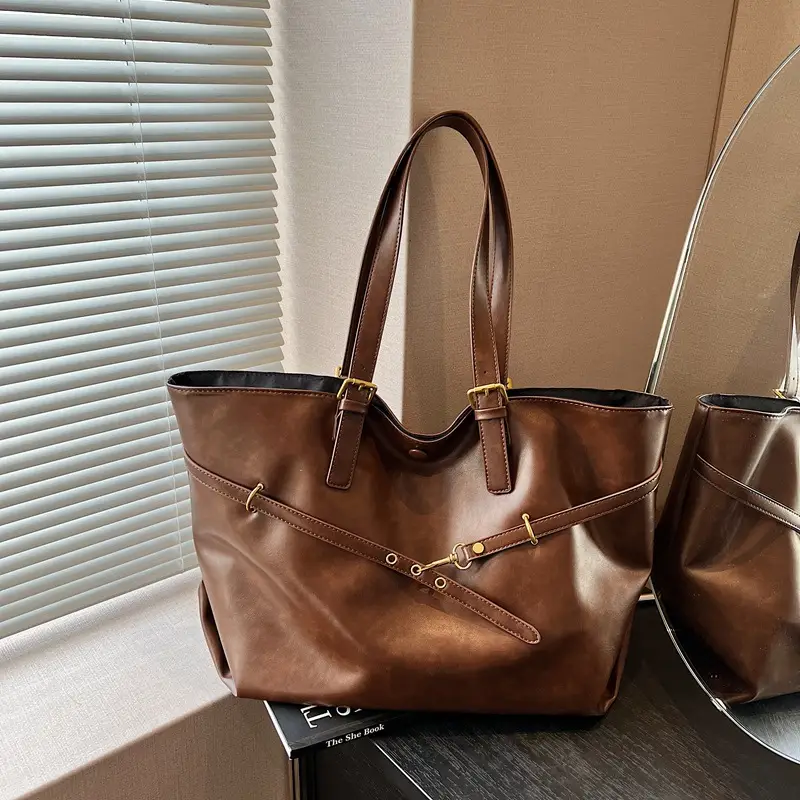 2025 College Student Retro Leather Commuter Tote Bag Large Capacity