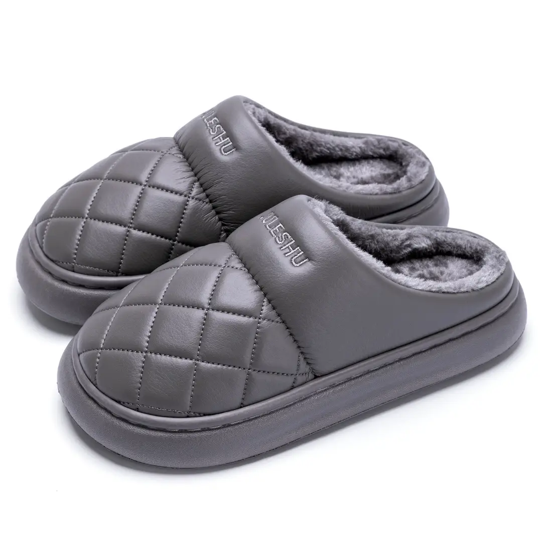Jialiya Waterproof Cotton Slippers for Men Autumn and Winter 2025 New Velvet Thickeneded Indoor Home Non-Slip Leather Cotton Slippers for Women - Image 13