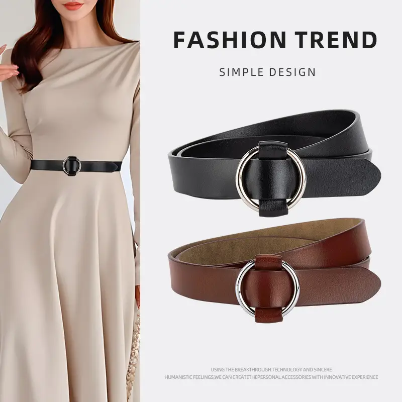 Women's Korean Belt Black Genuine Leather Round Buckle - Image 14