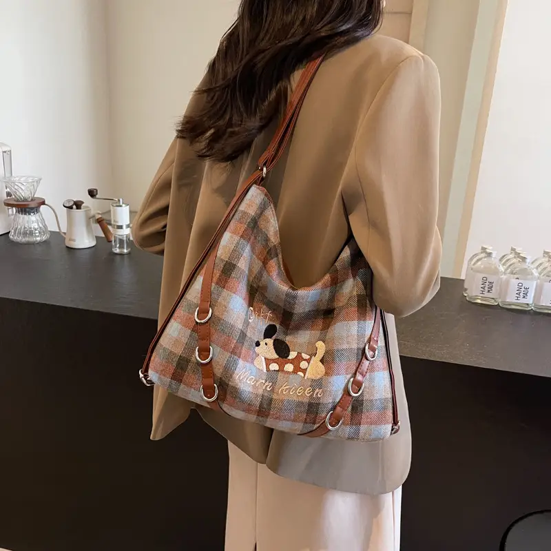 Women Plaid Embroidered Shoulder Bag 2025 - Image 5