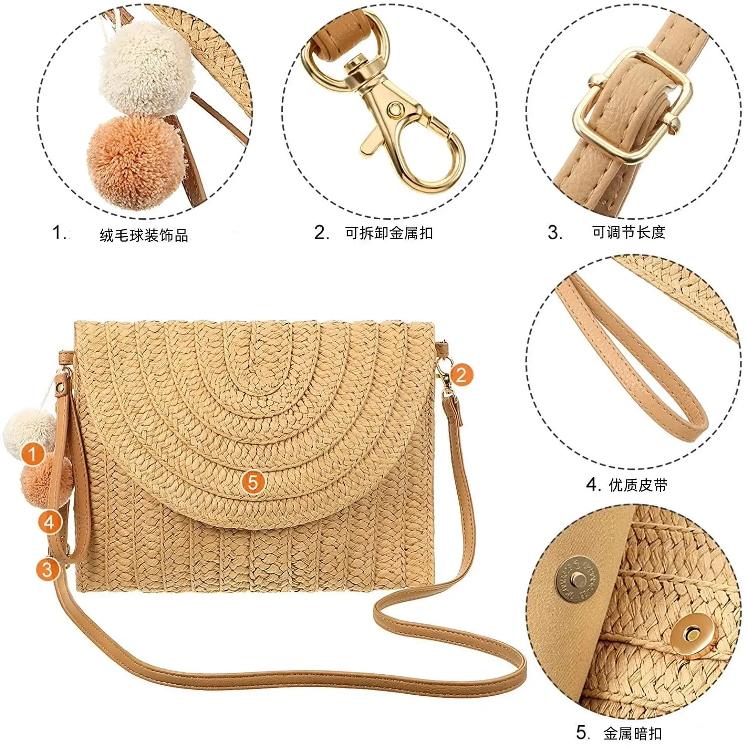 Hand-Woven Straw Crossbody Bag for Women Large Capacity - Image 5