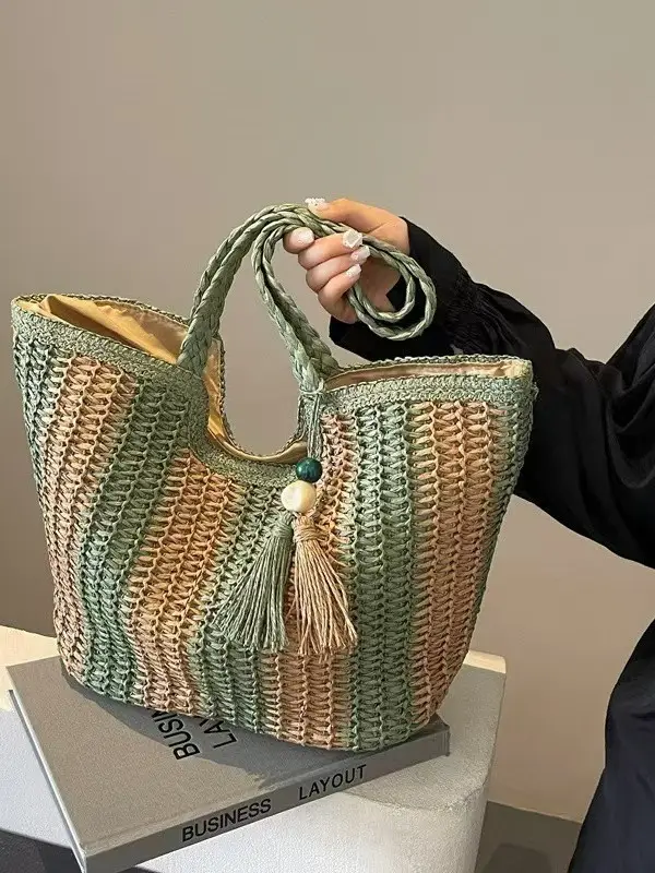 Women's Striped Straw Shoulder Bag Large Capacity Tote