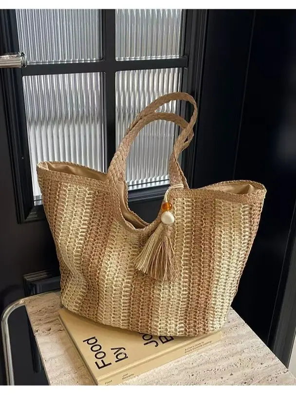 Women's Striped Straw Shoulder Bag Large Capacity Tote