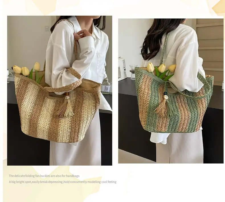 Women's Striped Straw Shoulder Bag Large Capacity Tote — feature 6