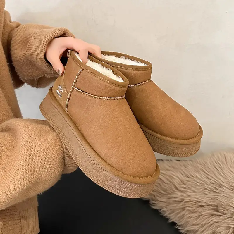 Snow Boots for Women 2025 Winter New Style Fur Integrated Warm Cotton Shoes Thick Sole Non-Slip Bread Shoes Lace-Up Short Boots - Image 3