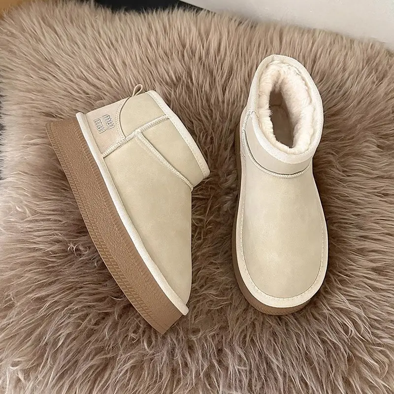 Snow Boots for Women 2025 Winter New Style Fur Integrated Warm Cotton Shoes Thick Sole Non-Slip Bread Shoes Lace-Up Short Boots - Image 2
