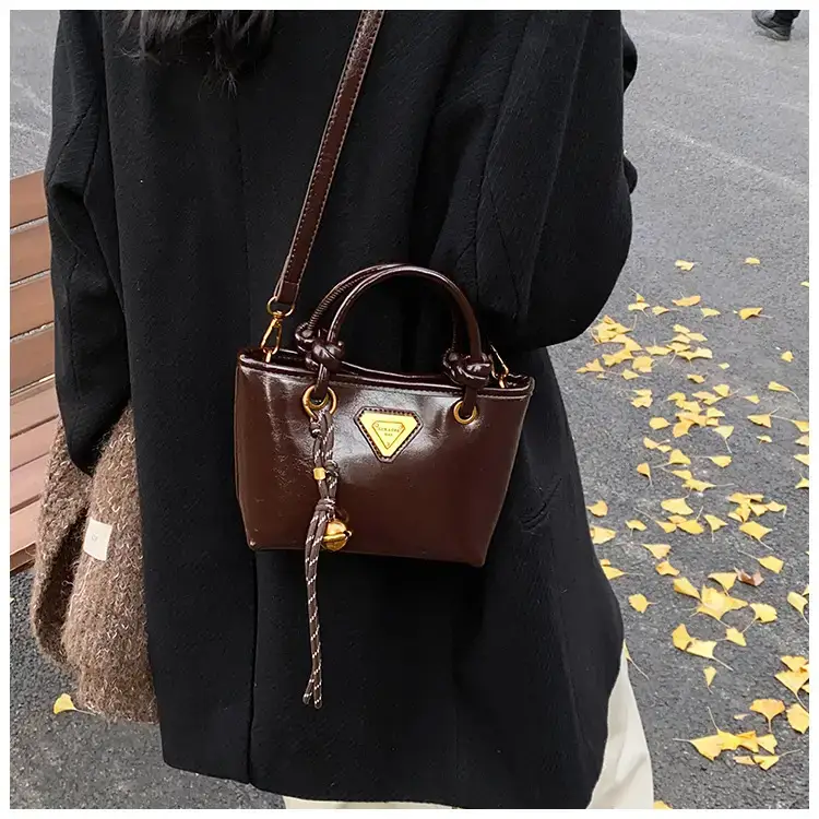 Women's Brown Leather Bucket Bag with Chain Strap — feature 22
