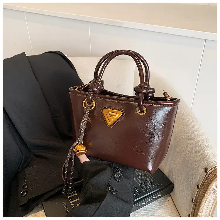 Women's Brown Leather Bucket Bag with Chain Strap — feature 26