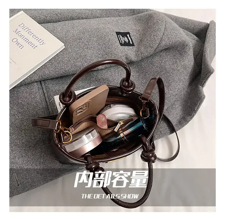 Women's Brown Leather Bucket Bag with Chain Strap — feature 8