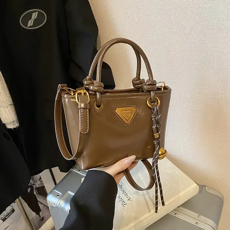 Women's Brown Leather Bucket Bag with Chain Strap - Image 2