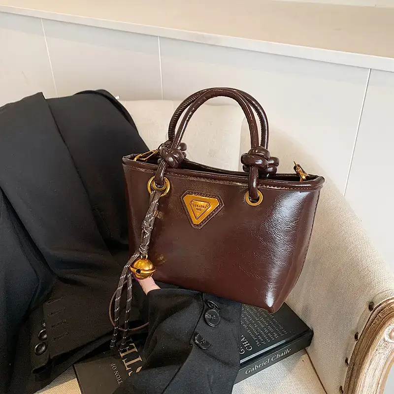 Women's Brown Leather Bucket Bag with Chain Strap - Image 3